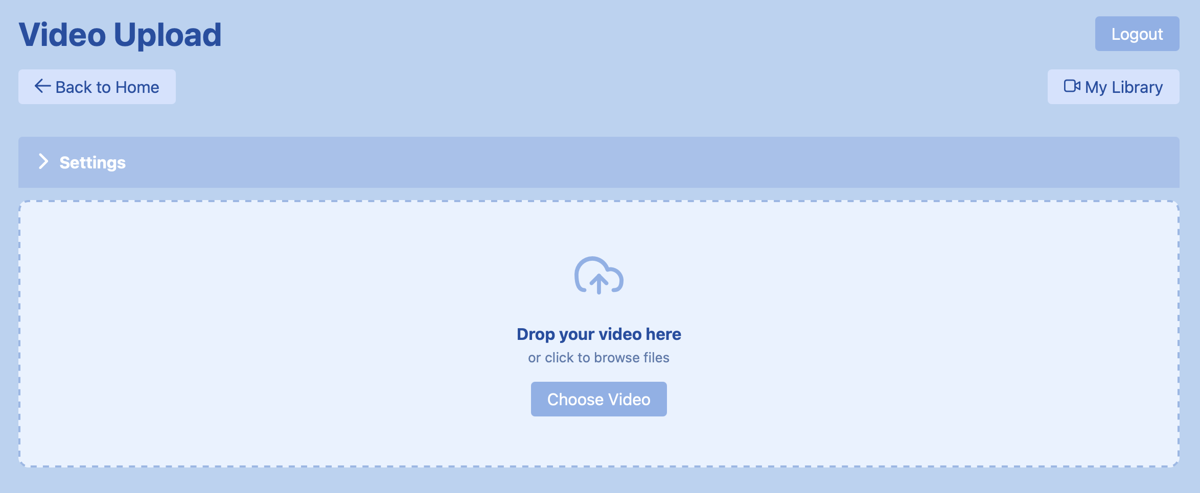 A user can drag-drop or select a video for processing.